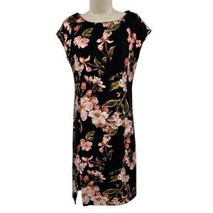 Beige Dress 4 Black Pink Floral Scuba Short Sleeve Sheath Side Slit Day to Night